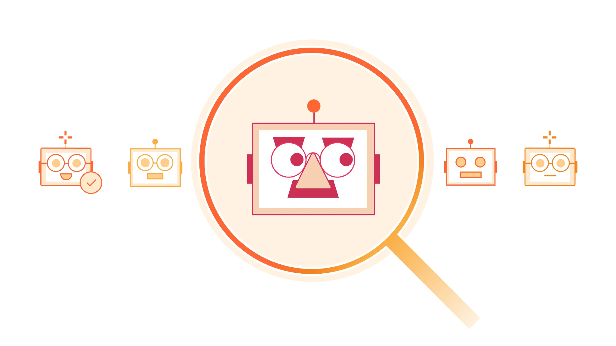 Ilustrasi Cloudflare tentang bot terverifikasi yang diperiksa melalui kaca pembesar